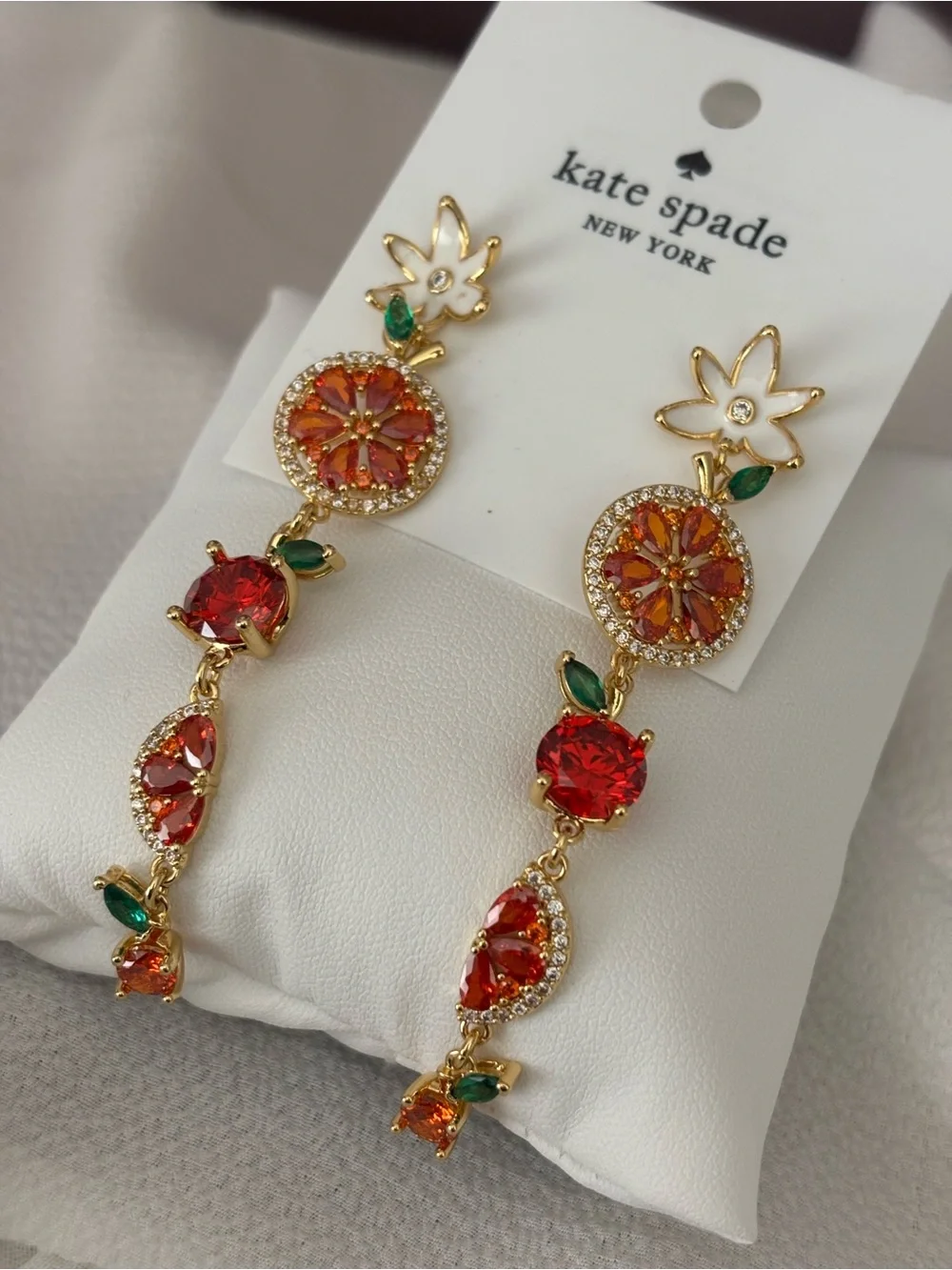 kate spade gold-tone orange & red floral drop earrings with green accents